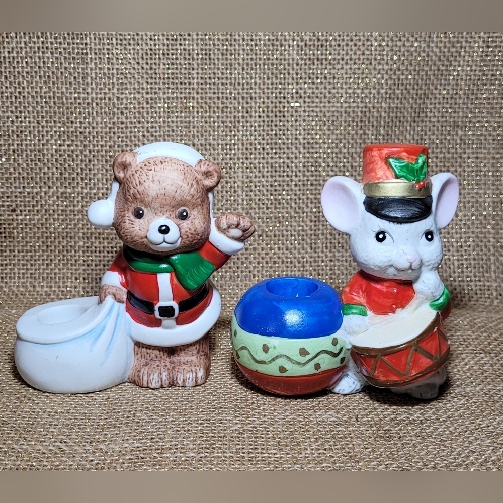 Christmas Candle Holder Set Santa Bear Drummer Boy Mouse‎ Handpainted Ceramic